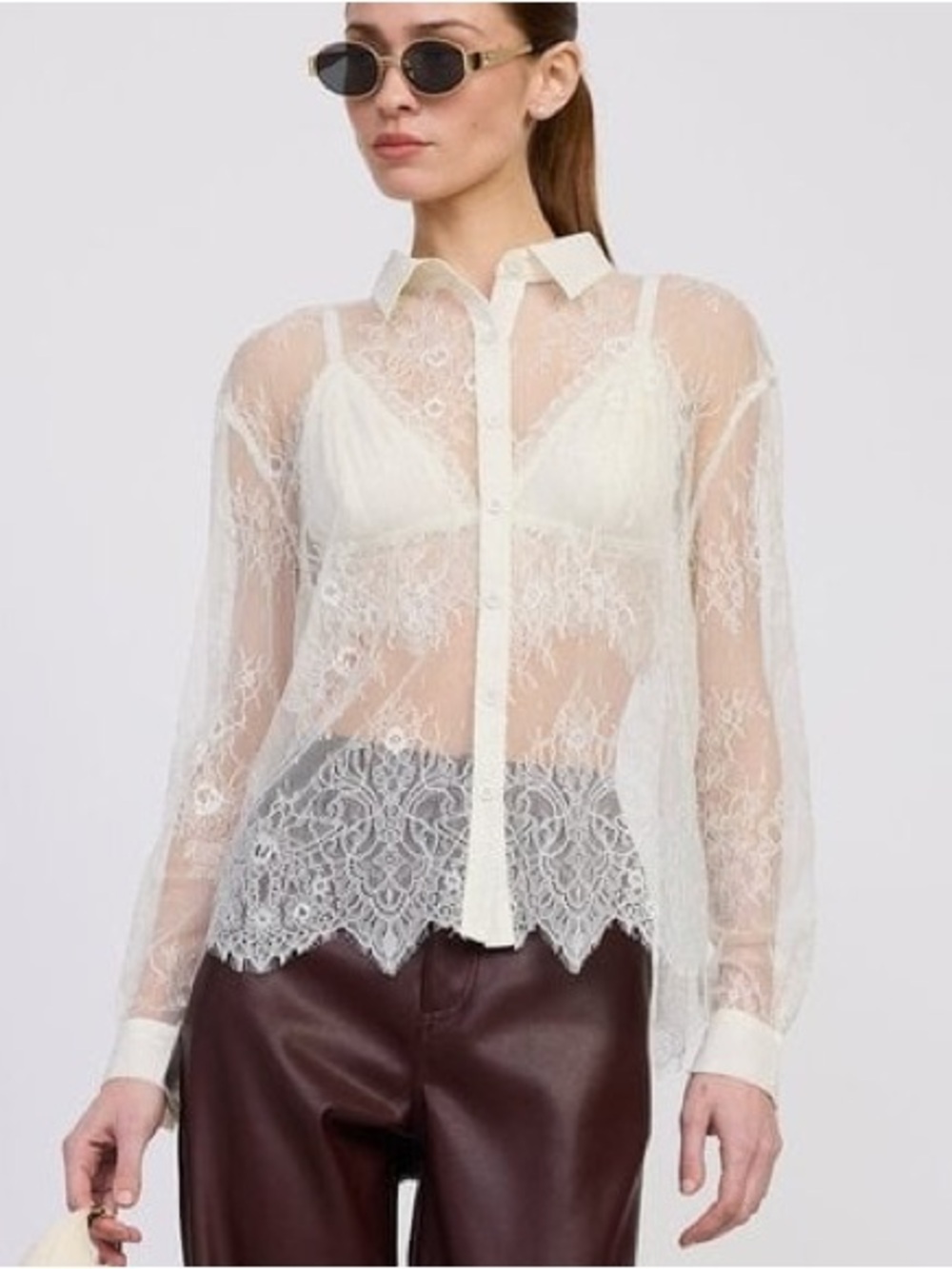 En Saison Sheer Cream Lace Button-Down Blouse